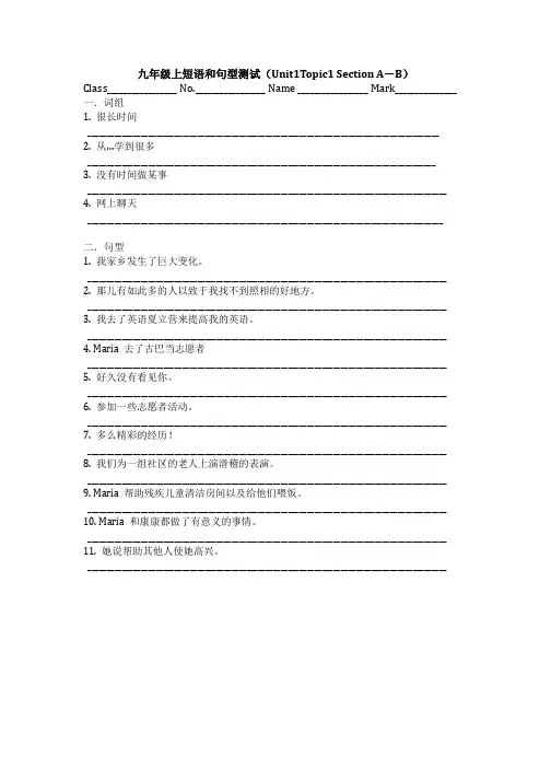 仁爱九年级上短语和句型测试(Unit1Topic1 Section A-B)
