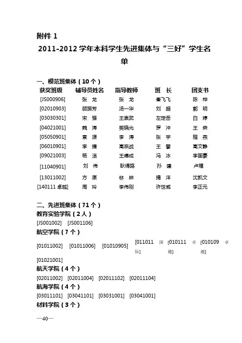 西北工业大学关于表彰2011-2012学年先进集体、三好学生优秀学生干部和专项奖学金获得者的决定.(6).