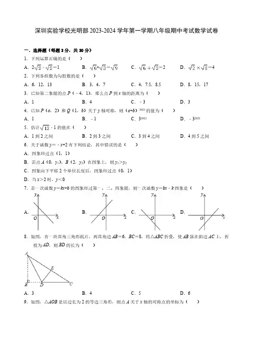 广东省深圳市实验学校光明部2023-2024学年八年级上学期期中考试数学试卷(含解析)
