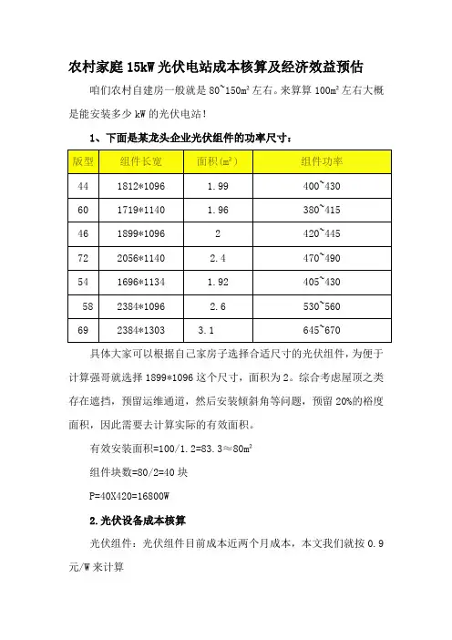 农村家庭15kW光伏电站成本核算及经济效益预估