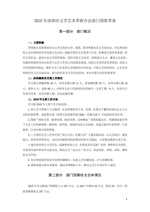 2018年深圳市文学艺术界联合会部门预算草案