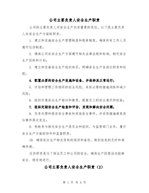 公司主要负责人安全生产职责（4篇）