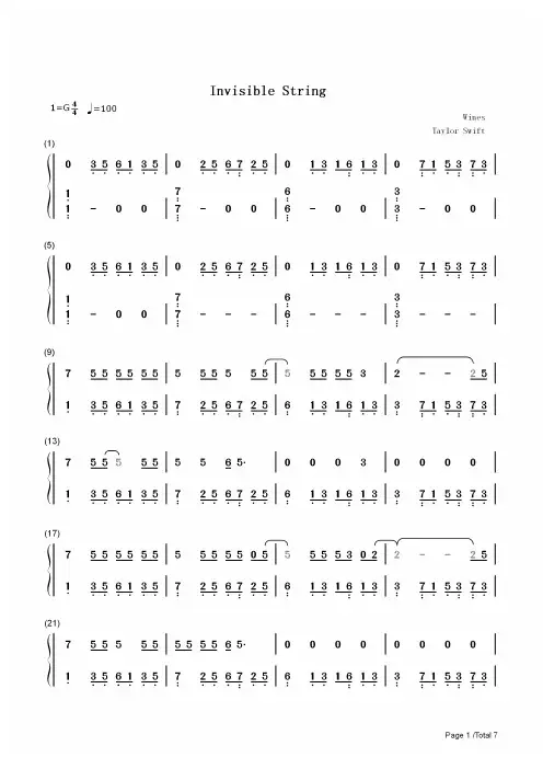 钢琴谱 Invisible String-Taylor Swift 双手简谱_共7张(全)