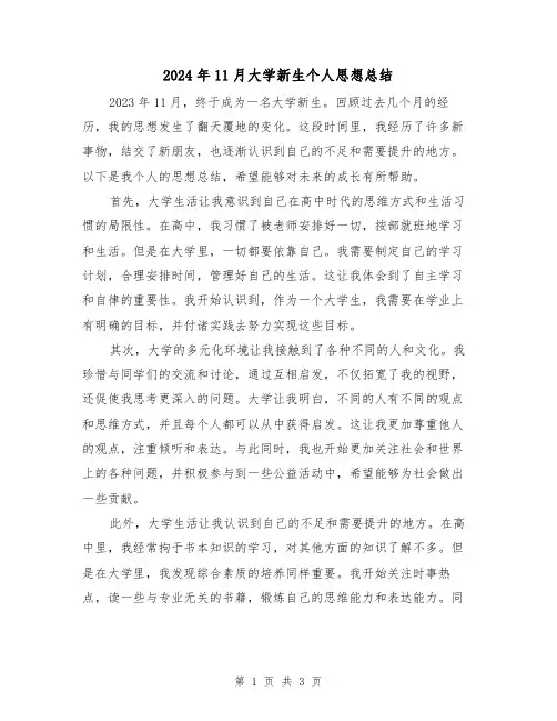 2024年11月大学新生个人思想总结(2篇)