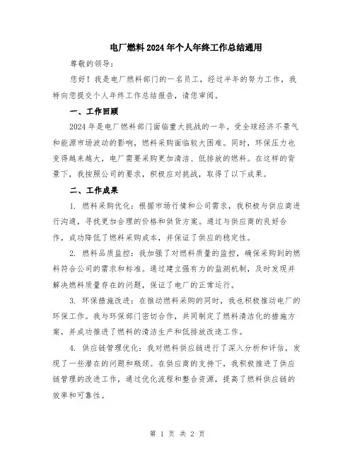 电厂燃料2024年个人年终工作总结通用