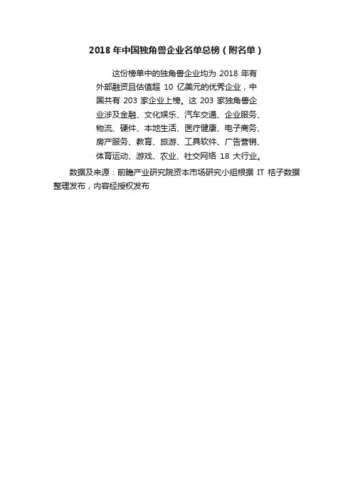 2018年中国独角兽企业名单总榜（附名单）
