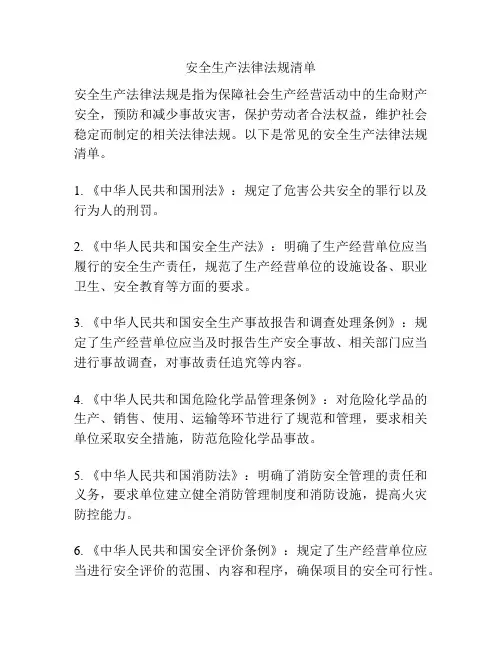 安全生产法律法规清单