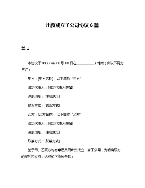 出资成立子公司协议6篇