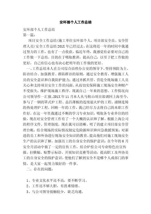 安环部个人工作总结（范本）