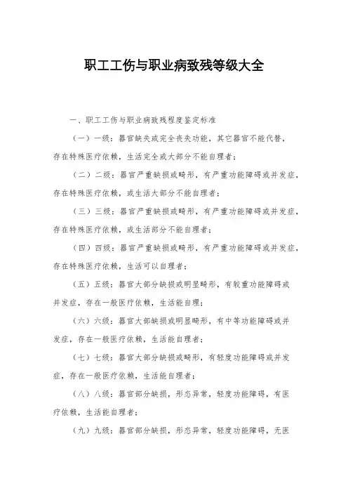 职工工伤与职业病致残等级大全