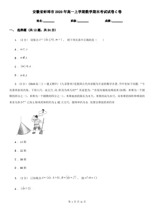 安徽省蚌埠市2020年高一上学期数学期末考试试卷C卷