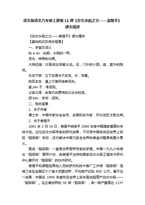 语文版语文八年级上册第11课《杂交水稻之父——袁隆平》课文精讲