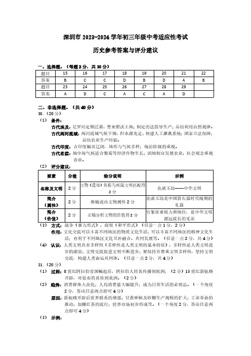 2023-2024深圳适应性考试九年级历史试卷答案