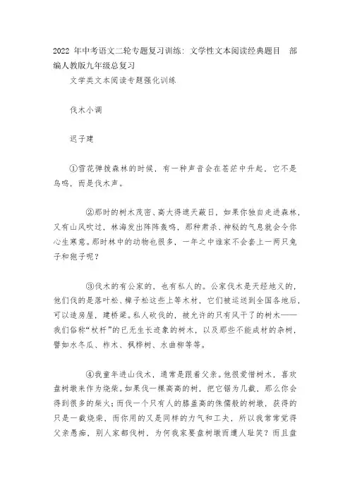 2022年中考语文二轮专题复习训练：文学性文本阅读经典题目--部编人教版九年级总复习