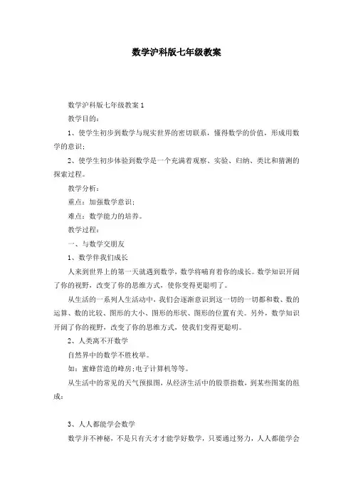 数学沪科版七年级教案