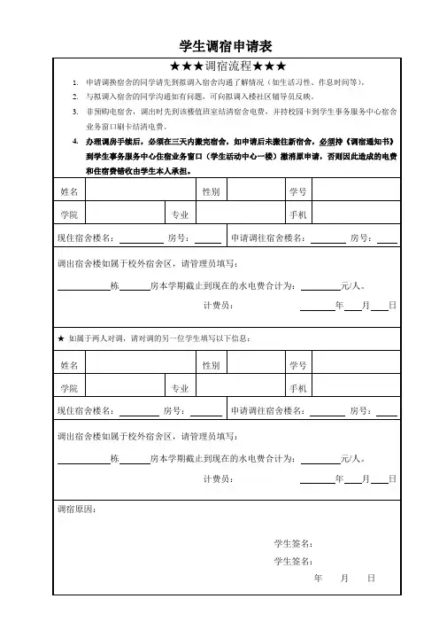 高校、大学学生调宿申请表
