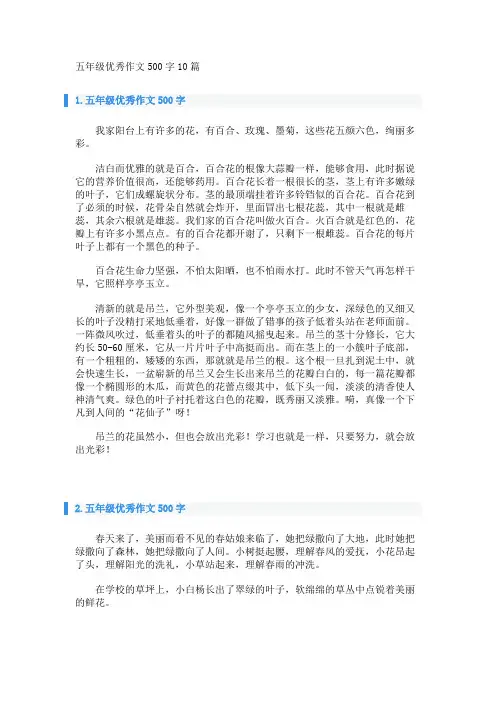 五年级优秀作文500字10篇 