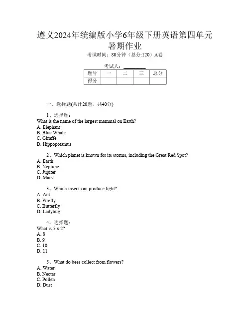 遵义2024年统编版小学6年级下册第14次英语第四单元暑期作业