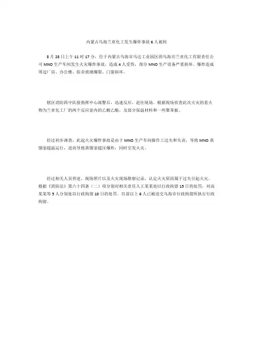 内蒙古乌海兰亚化工发生爆炸事故 6人被拘