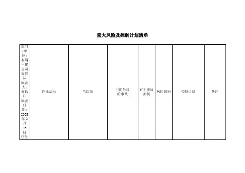 重大风险及控制计划清单