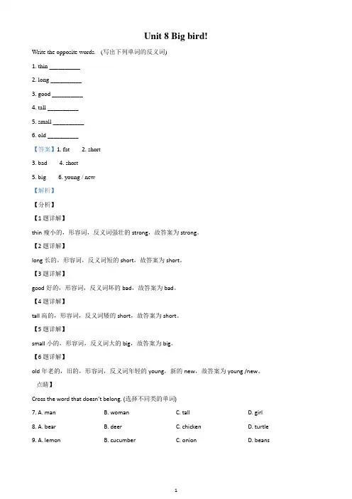 北师大版(一起)英语三年级下册Unit-8-Big-bird!-单元测试卷(解析版)