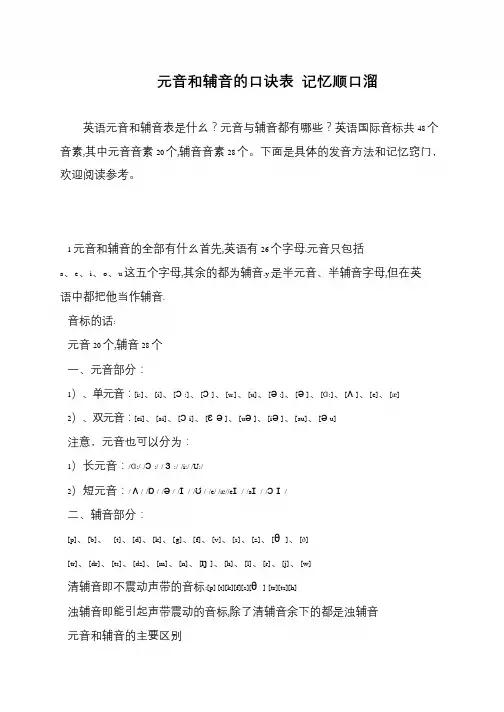 元音和辅音的口诀表 记忆顺口溜