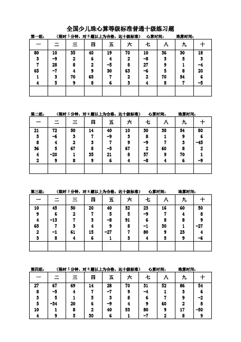 全国少儿珠心算等级标准普通十级练习题
