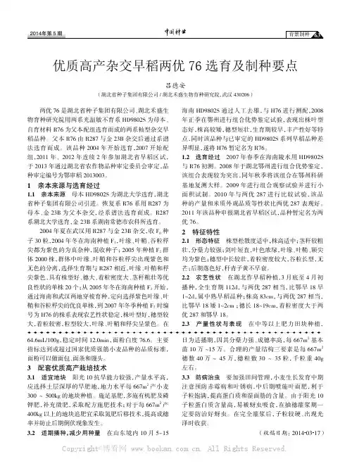 优质高产杂交早稻两优76选育及制种要点