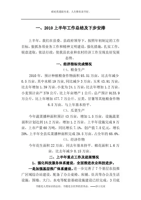 2010上半年工作总结及下步安排