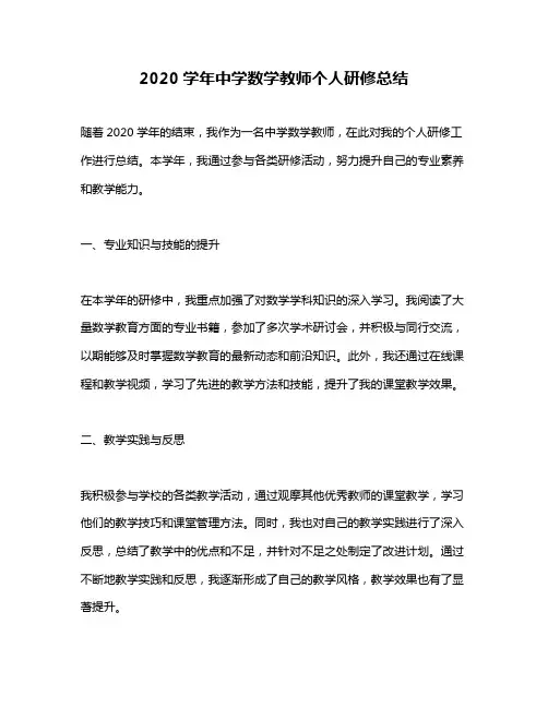 2020学年中学数学教师个人研修总结