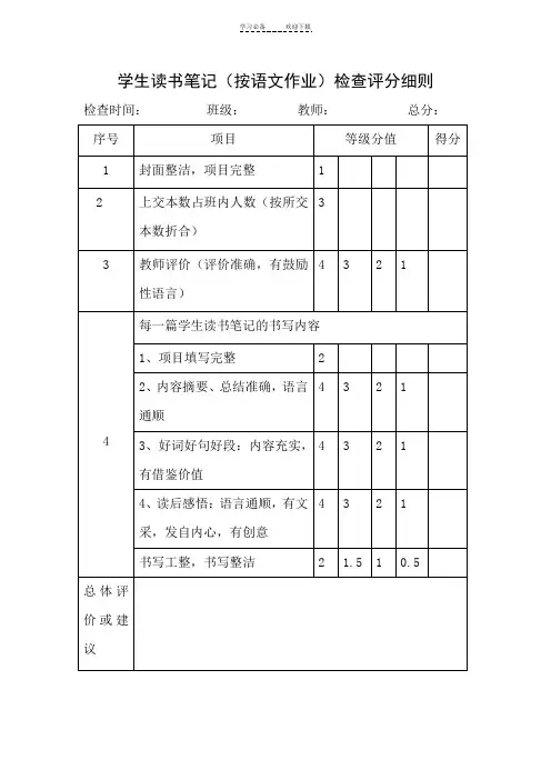 学生读书笔记检查评分细则