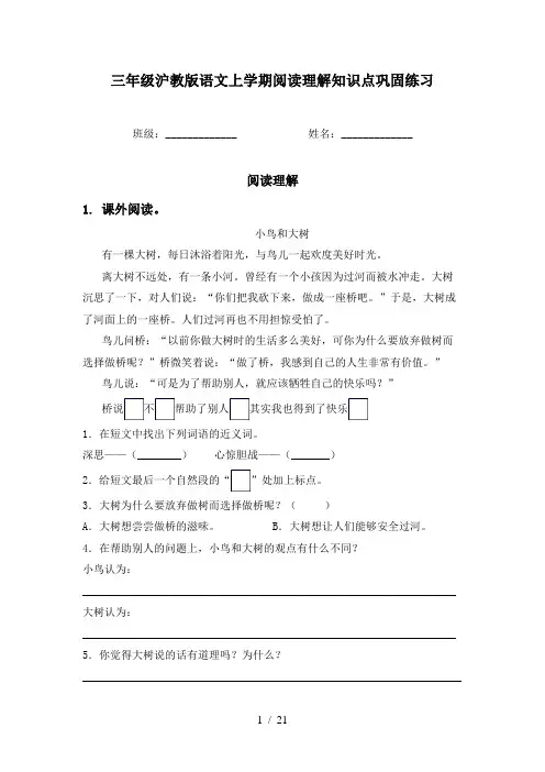 三年级沪教版语文上学期阅读理解知识点巩固练习