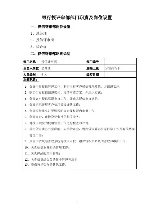 银行授评审部部门职责及岗位设置