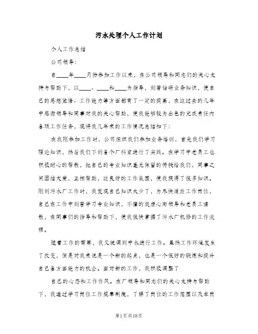 污水处理个人工作计划(8篇)