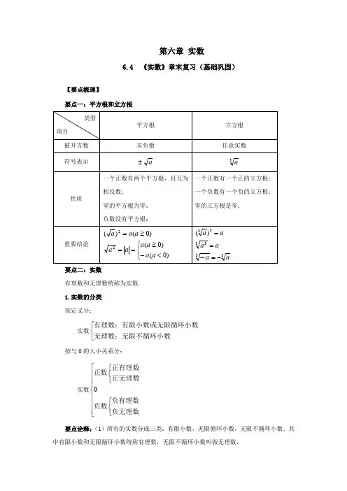 人教版数学七年级下册知识重点与单元测-第六章6-4《实数》章末复习(基础巩固)