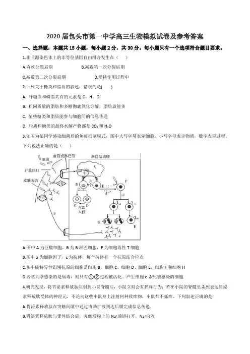 2020届包头市第一中学高三生物模拟试卷及参考答案