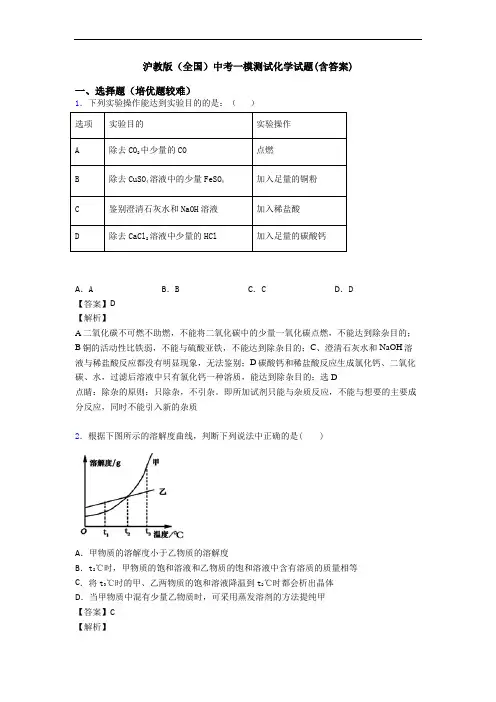 沪教版(全国)中考一模测试化学试题(含答案)
