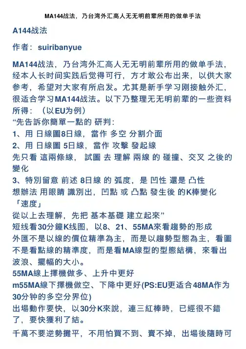 MA144战法，乃台湾外汇高人无无明前辈所用的做单手法