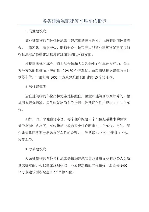 各类建筑物配建停车场车位指标