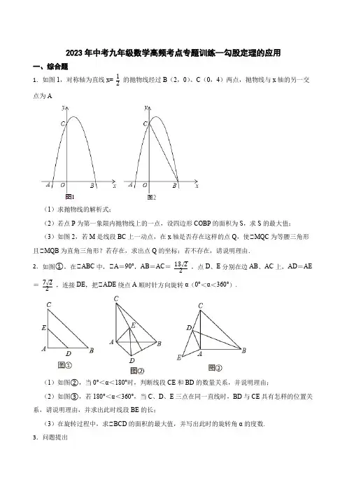 2023年中考九年级数学高频考点专题训练--勾股定理的应用
