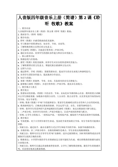 人音版四年级音乐上册(简谱)第2课《聆听牧歌》教案