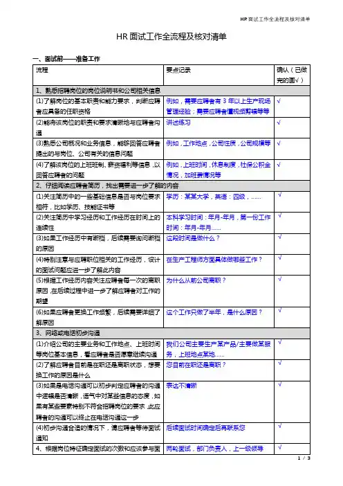 HR面试工作全流程及核对清单表