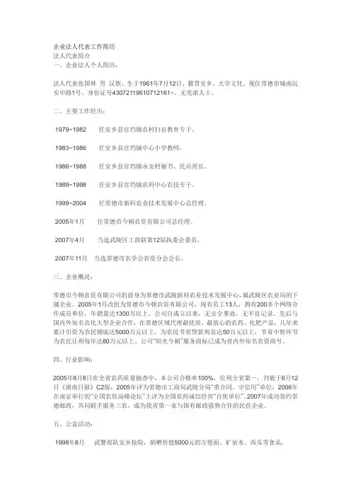 企业法人代表工作简历