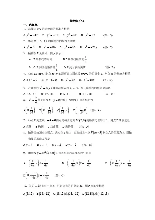 抛物线基础题(含答案)知识讲解
