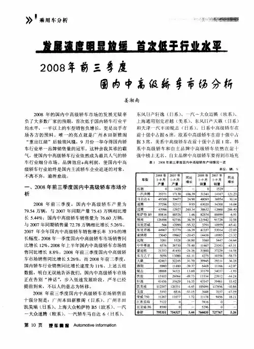 发展速度明显放缓 首次低于行业水平 2008年前三季度国内中高级轿车市场分析