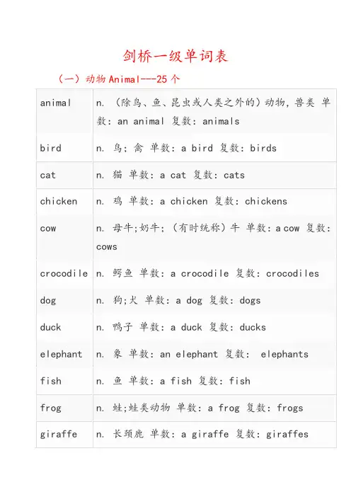 剑桥一级单词表