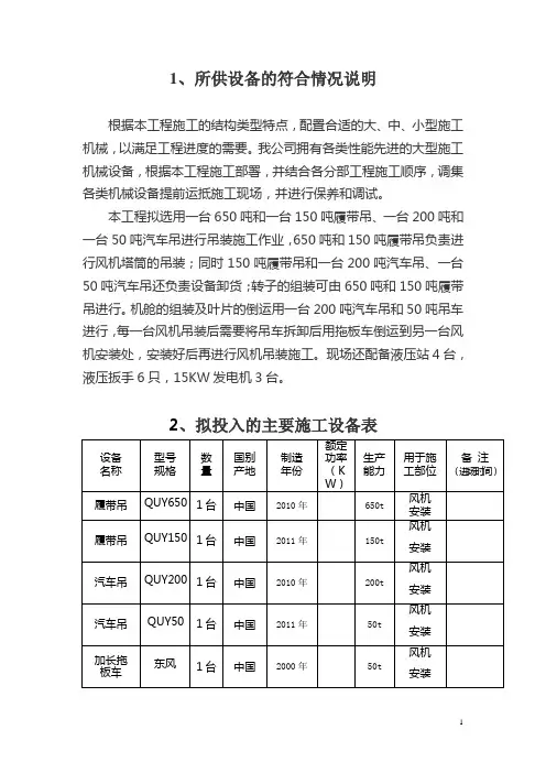 所供设备的符合情况说明