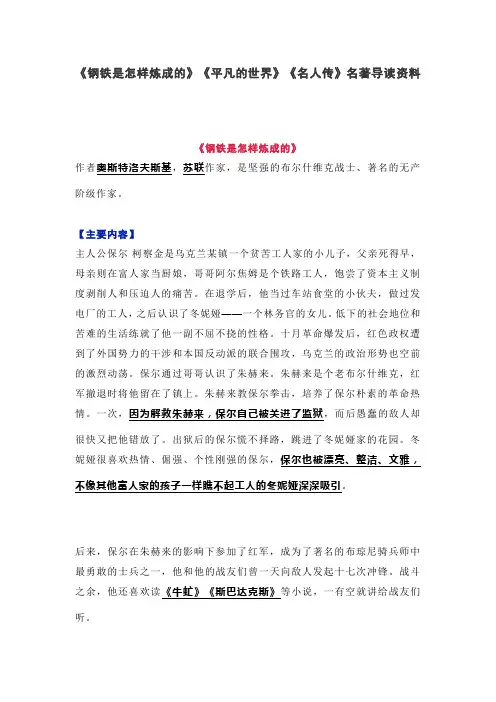 《钢铁是怎样炼成的》《平凡的世界》《名人传》名著导读资料