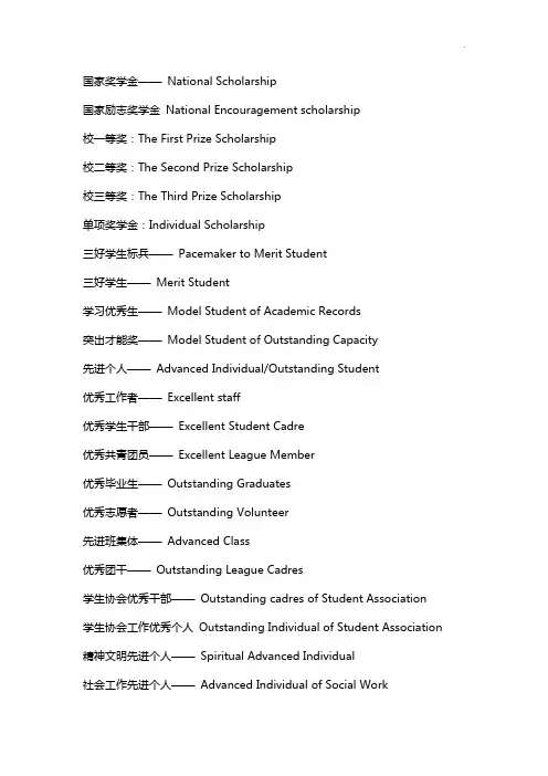 各种奖励荣誉英文的英文表达方式
