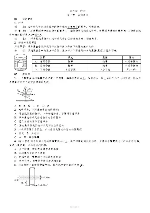 沪科版物理八年级全册 第九章 第一节 认识浮力 同步练习